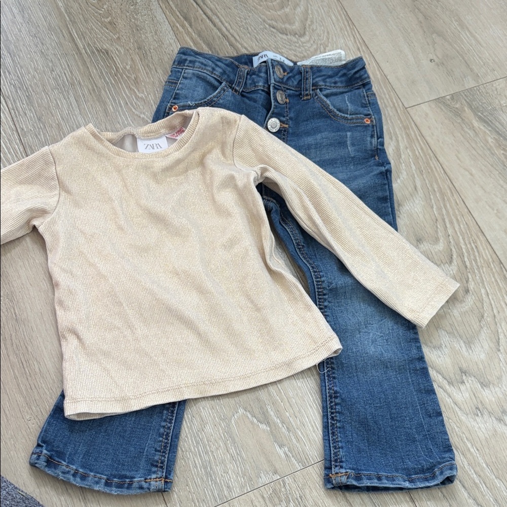 Zara Beige Glitter Top and Flare Blue Jeans Set like new